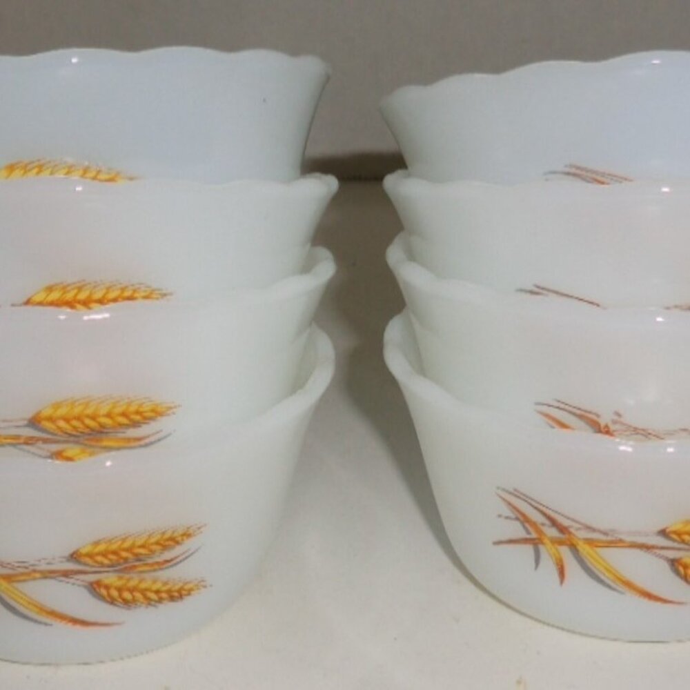 VTG Fire King Golden Wheat Ramekin Custard Cups Anchor Hocking Milk glass Set 8